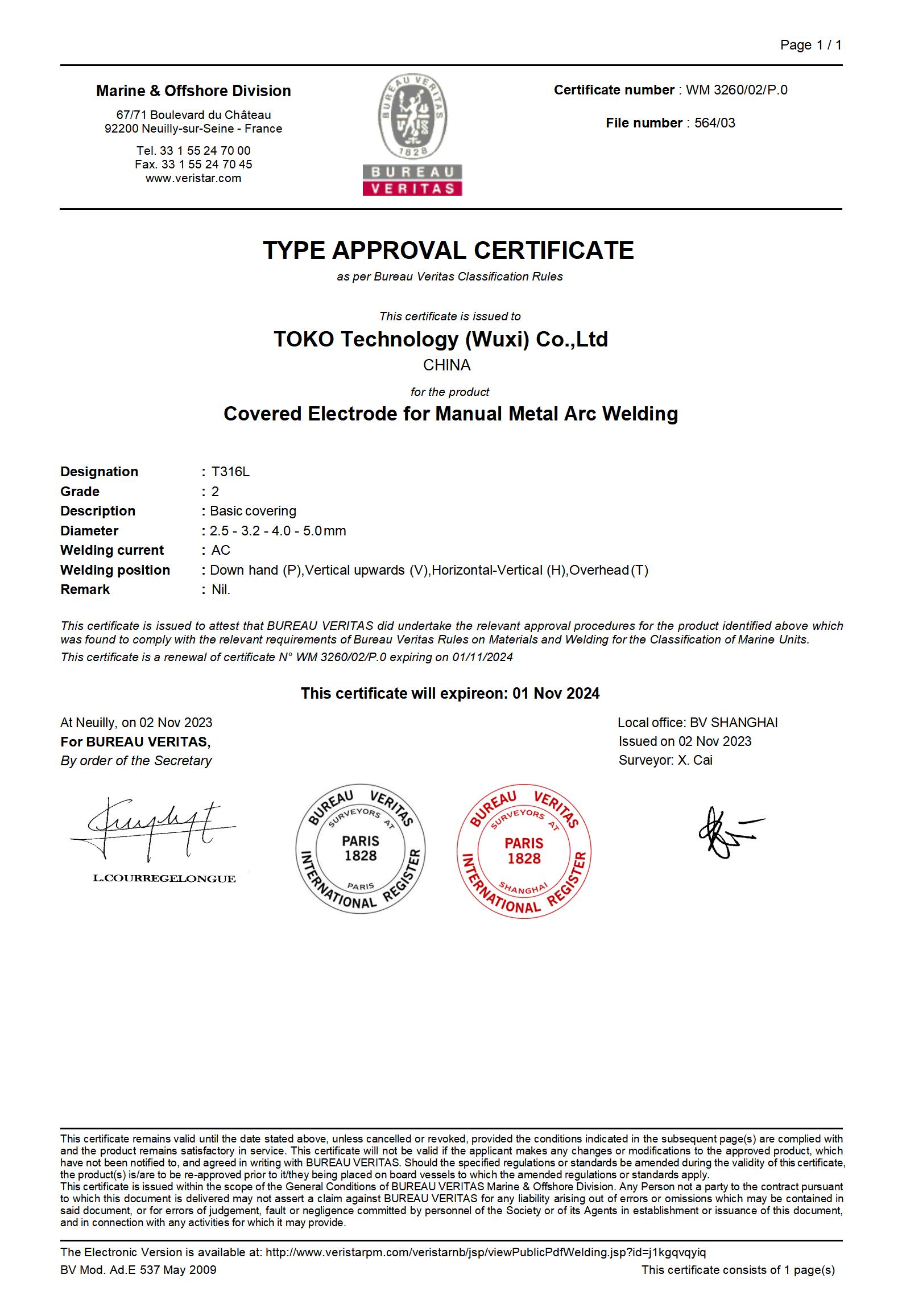 TOKO E316L BV Certification